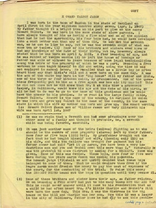 Item #12728 [Carbon Typescript Autobiography of Howard Talbot Jason and His Jason Family Bible,...
