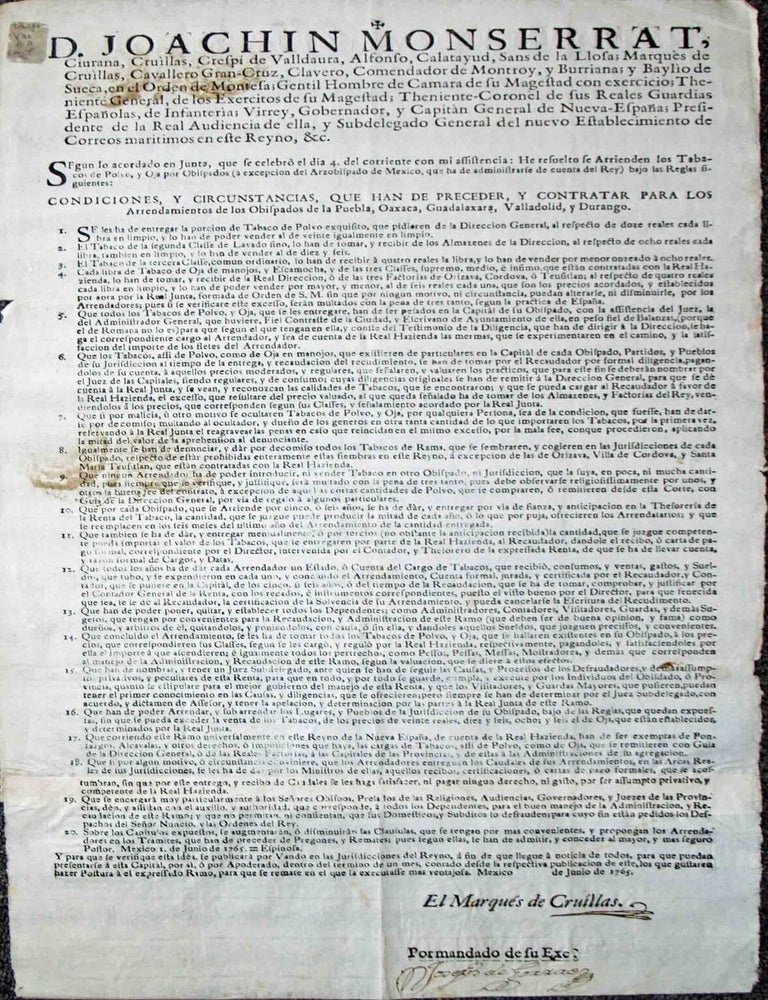 Item #13121 [Broadside Detailing Regulations of Tobacco in Colonial Mexico]. Mexico, Joachin de Montserrat, Tobacco.