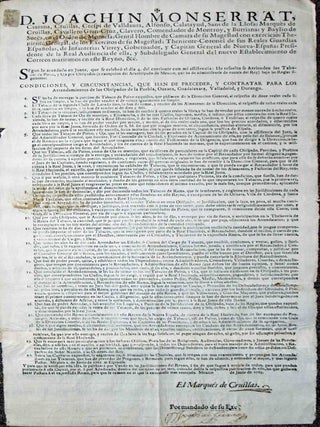 Item #13121 [Broadside Detailing Regulations of Tobacco in Colonial Mexico]. Mexico, Joachin de...