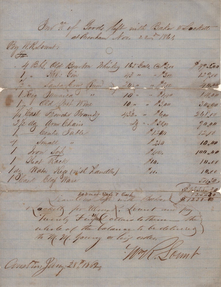 Item #13150 [Manuscript Document Listing Goods from a Tavern Stored in Brenham, Texas During the Early Portion of the Civil War]. Texas, Civil War.