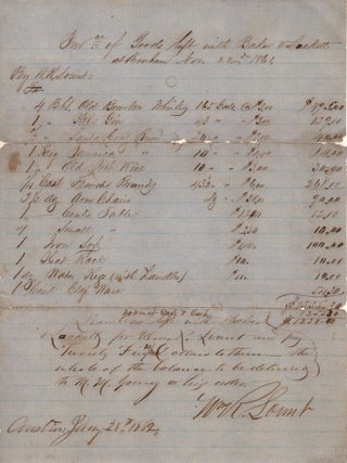Item #13150 [Manuscript Document Listing Goods from a Tavern Stored in Brenham, Texas During the...
