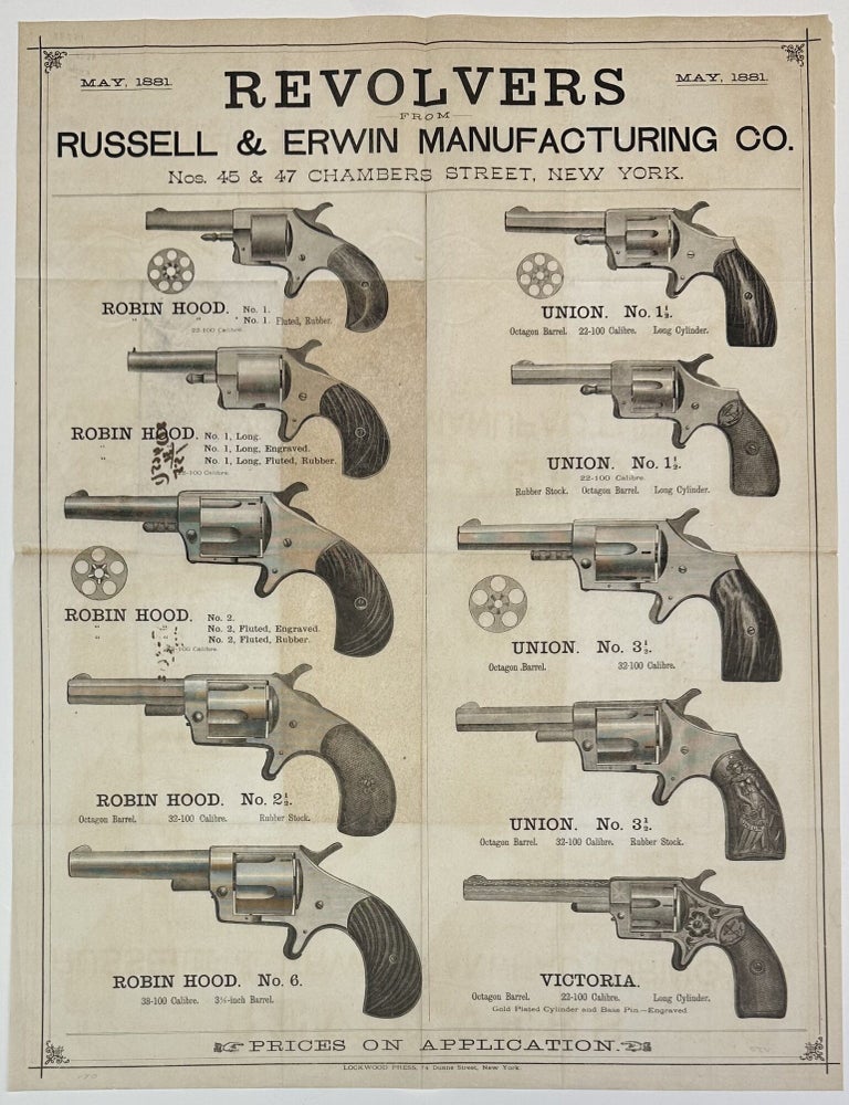 Item #13238 Revolvers from Russell & Erwin Manufacturing Co. May, 1881. Lithography, Russell, Erwin Manufacturing Company, Firearms.