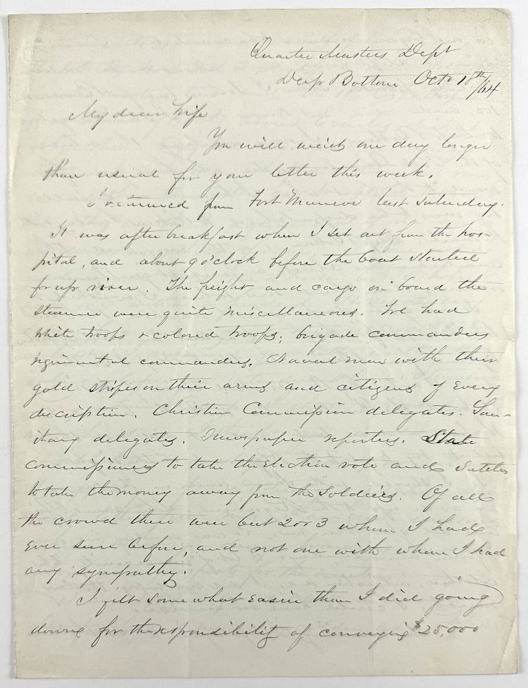Item #13316 [Autograph Letter Signed, from a Union Quartermaster to His Wife, Describing Battlefield Voting During the Election of 1864, Interesting Riverboat Travel, His Duties as a Quartermaster, and More]. Civil War.