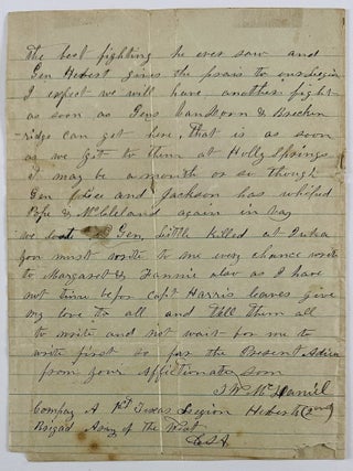 [Wartime Autograph Letter Signed, from J.W. McDaniel, Co. A, First Texas Legion, to His Parents, Detailing a Notable Early Civil War Battle in the Western Theater].