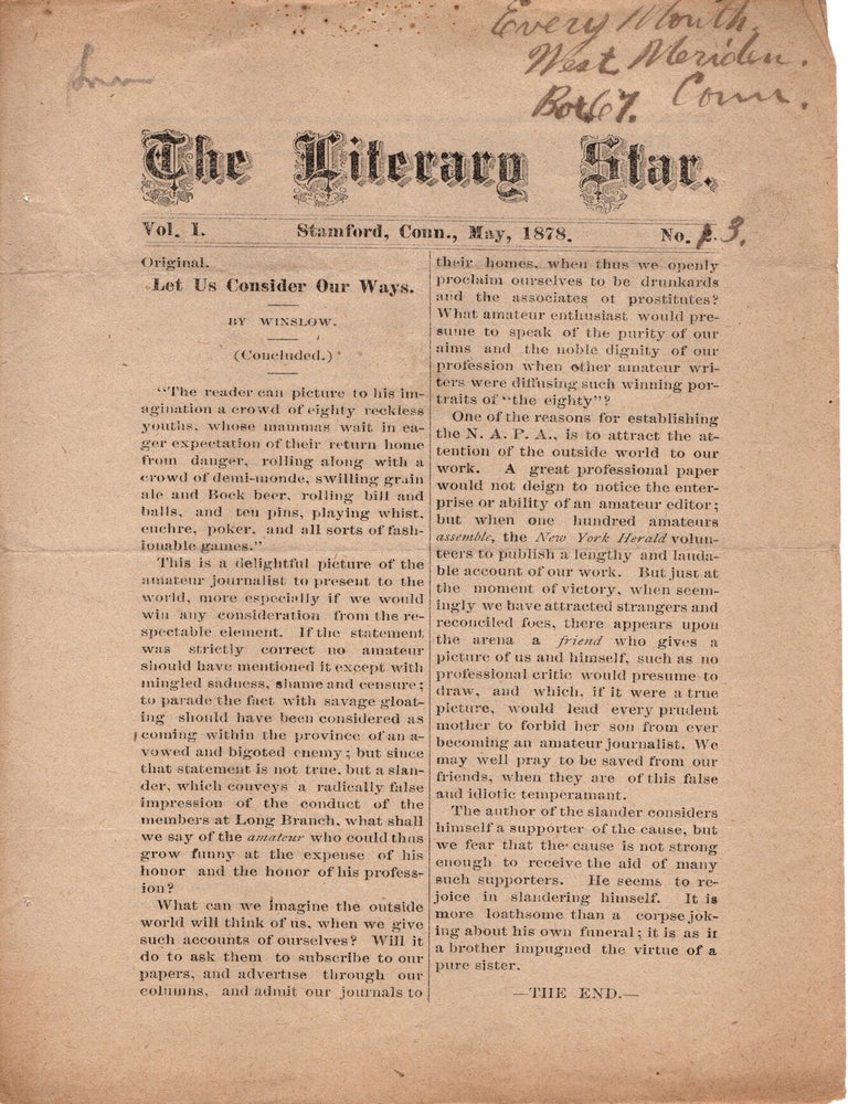 Item #13372 The Literary Star. Vol. I, No. 3. Amateur Periodicals, Connecticut.