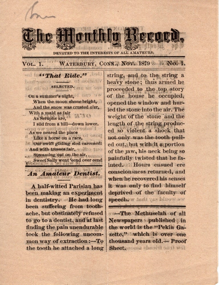 Item #13376 The Monthly Record. Vol. 1, No. 1. Amateur Periodicals, Connecticut.