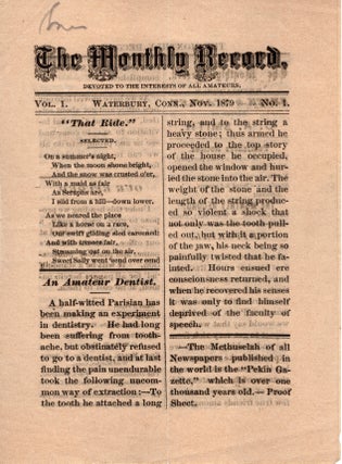 Item #13376 The Monthly Record. Vol. 1, No. 1. Amateur Periodicals, Connecticut