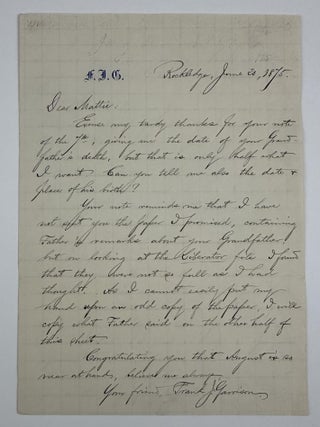 Item #5695 [Autograph Letter, Signed, by Francis Jackson Garrison, Responding to a Descendant of...
